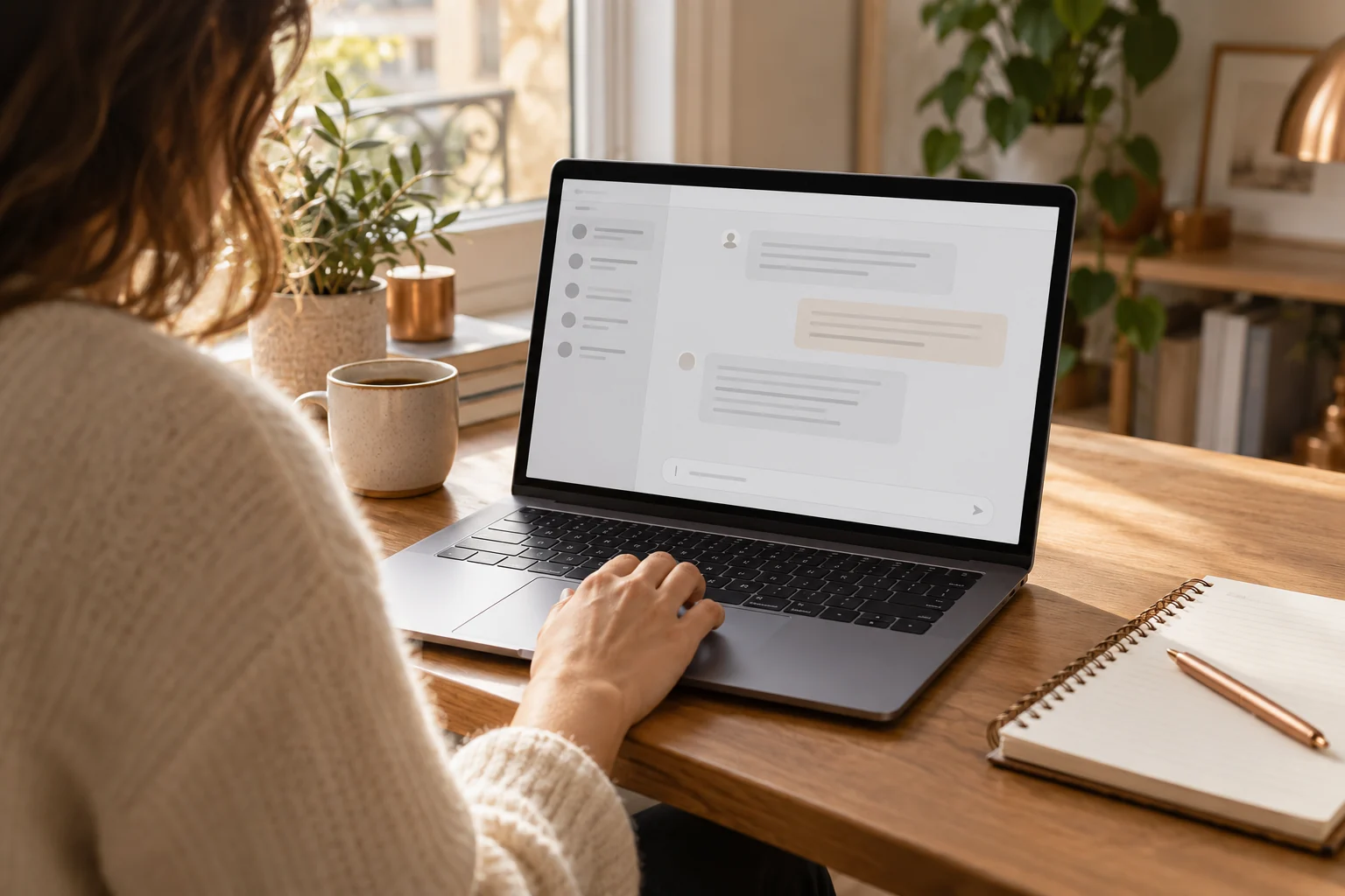 Une personne travaille sur une interface de conversation sur ordinateur.