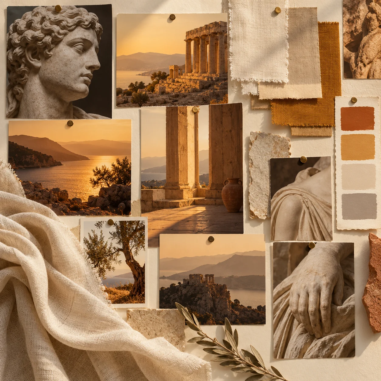 Planche de références visuelles, matières et couleurs.